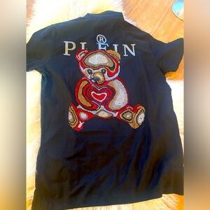 BWWT Philipp Plein Black Polo with Vibrant Rhinestone Teddy Design SZ S!!